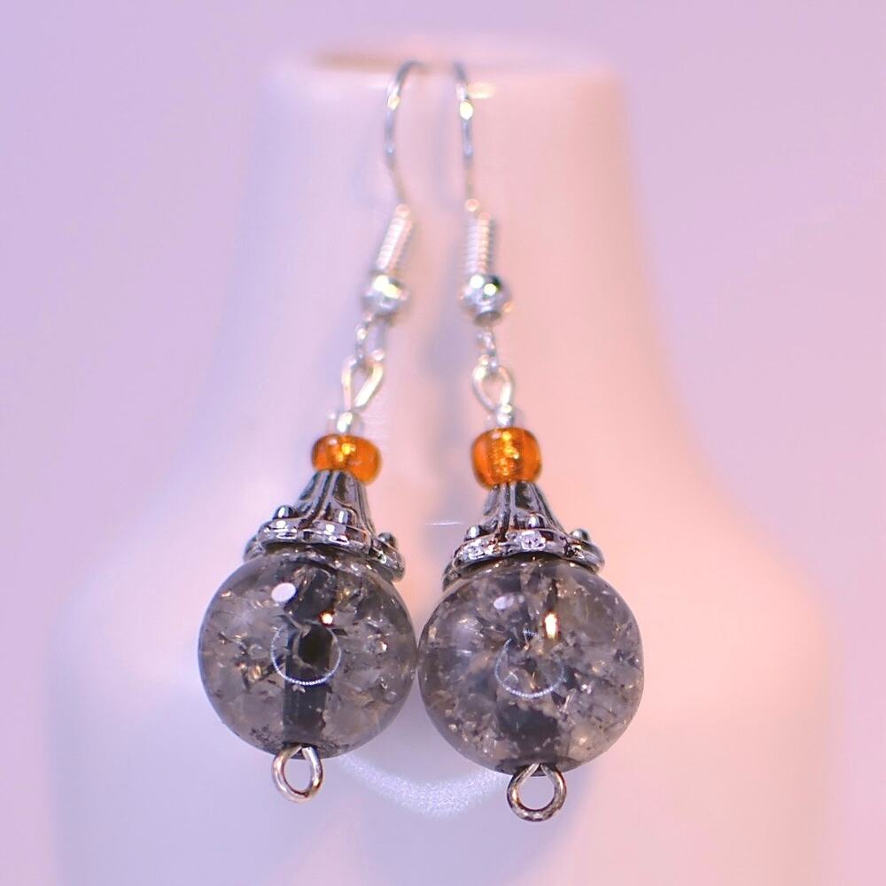 Black and Orange Glass Bead Earrings — Handmade Sterling Silver